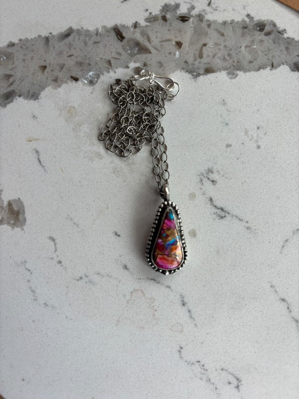 Pink Dahlia Large Tear Drop Necklace