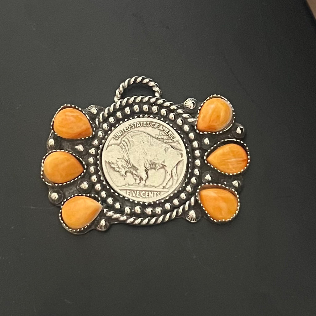 Sterling Silver & Spiny Oyster Buffalo Coin Pendant