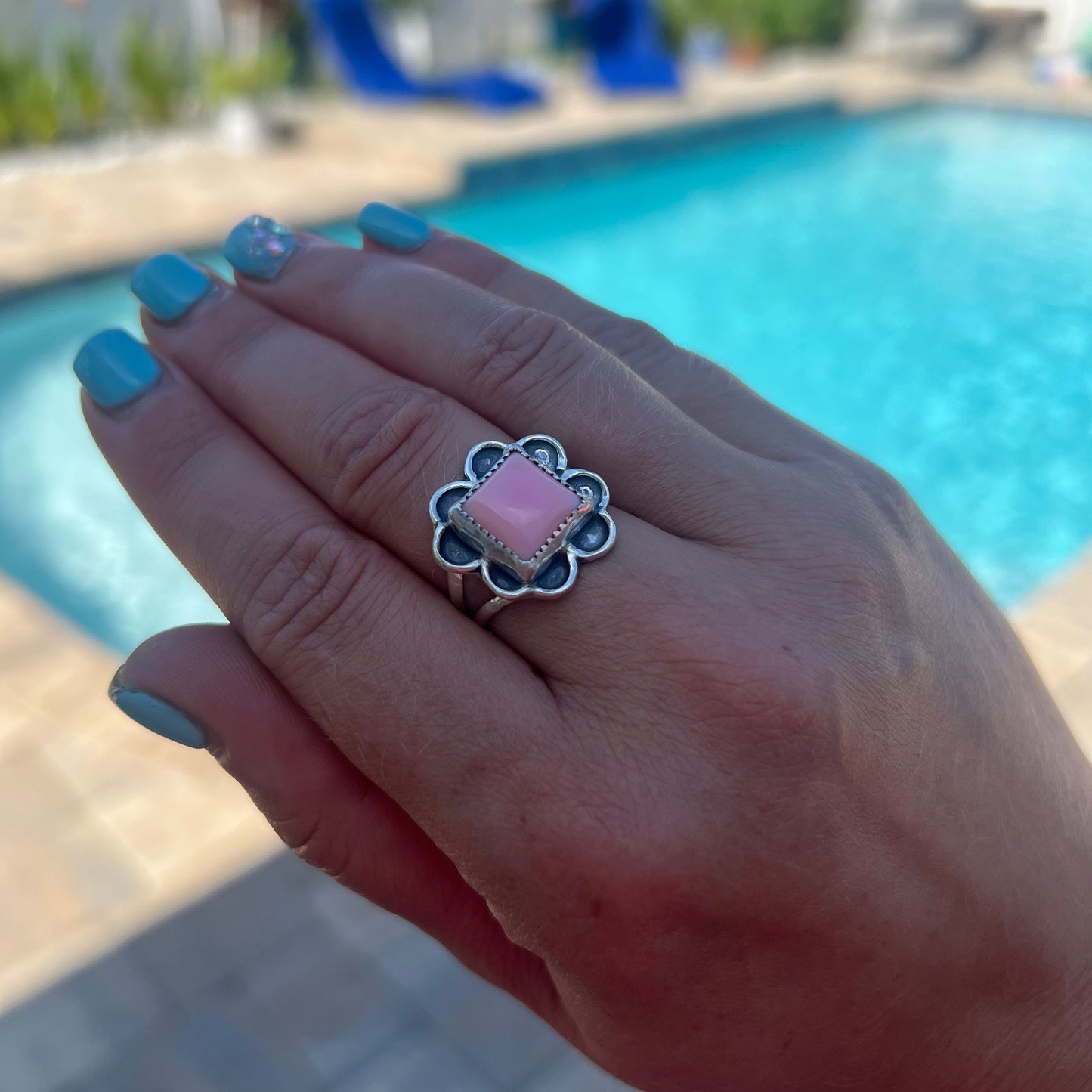 Size 8 Square Pink Conch Sterling SIlver Ring