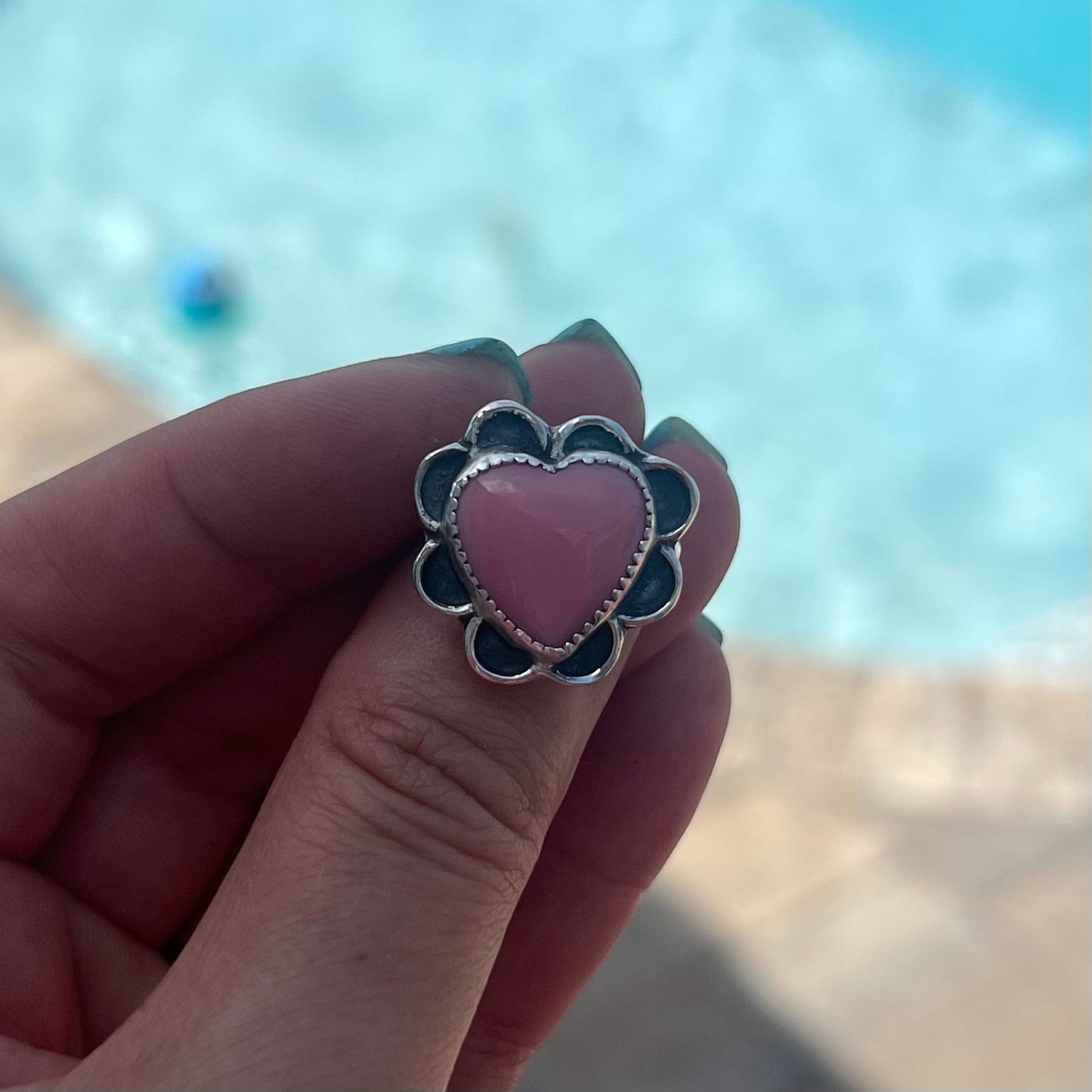 Western Royalty - Elegant Handmade Adjustable Ring with Heart Pink Conch Cabochon
